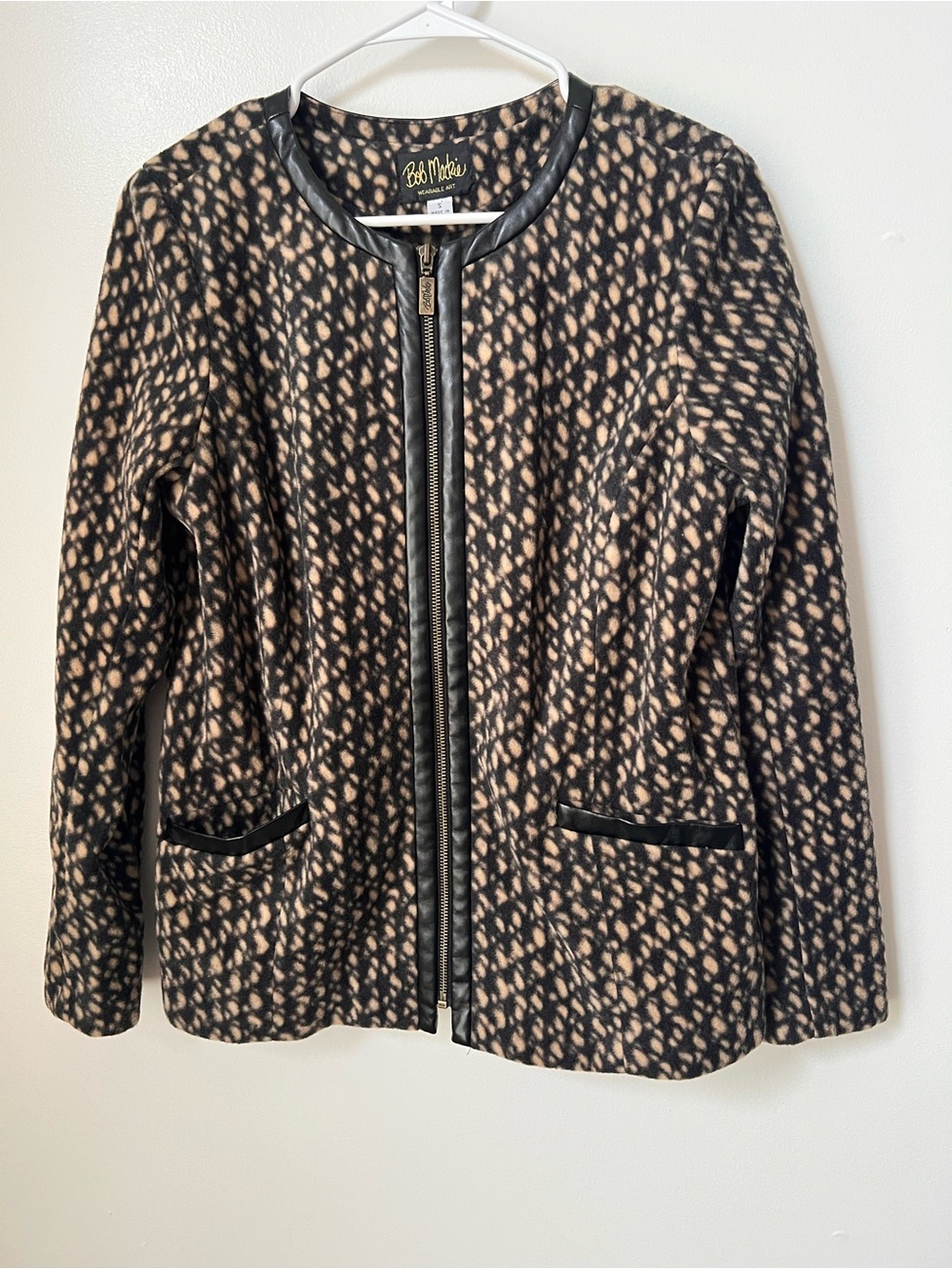 Bobbie Mackie Wearable Art Printed Fleece Jacket Faux Leather Trim Zip Black Tan